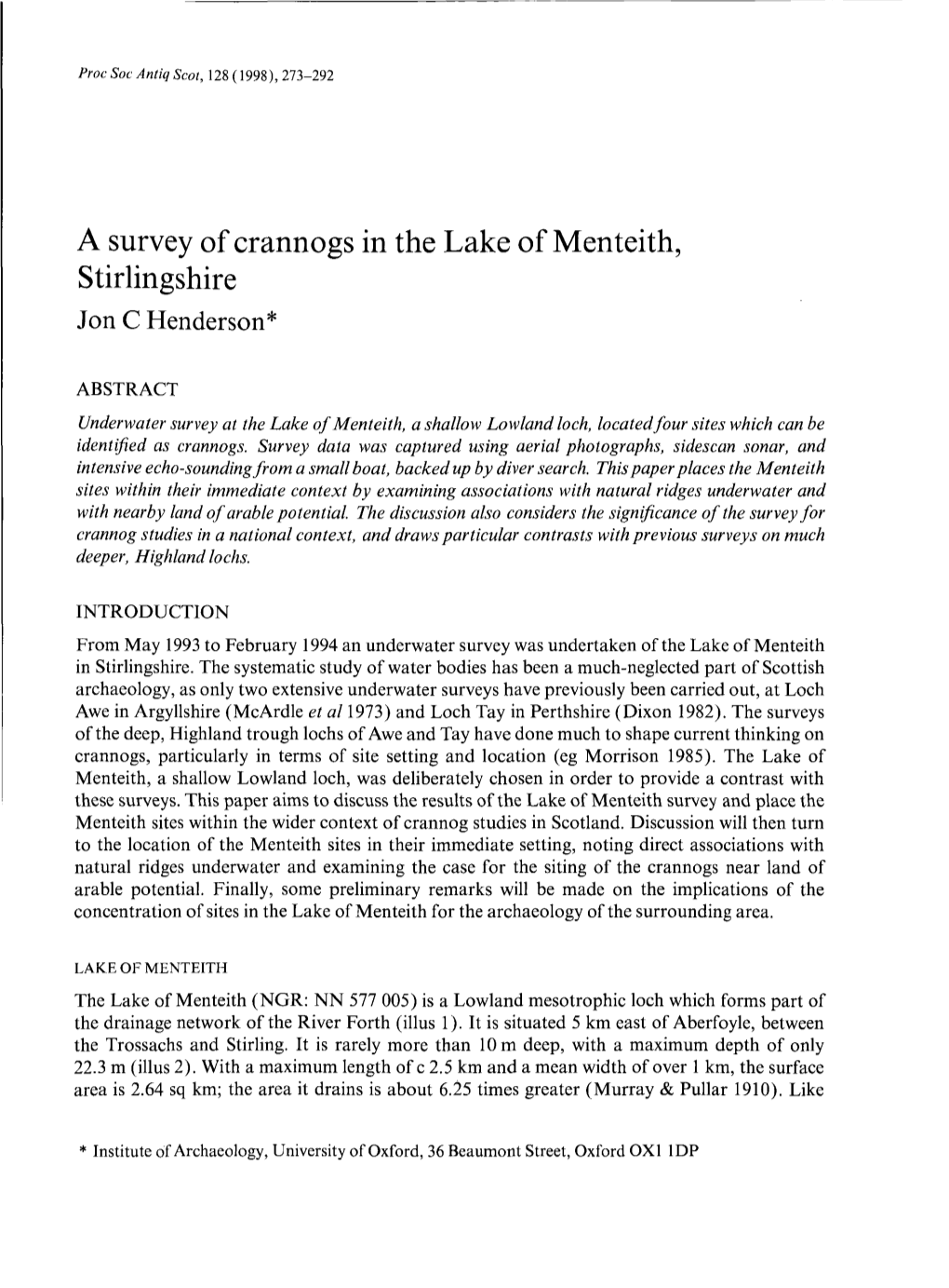 A Survey of Crannogs in the Lake of Menteith, Stirlingshire Hendersonc N Jo *