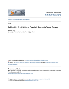 Subjectivity and Politics in Pasolini's Bourgeois Tragic Theater