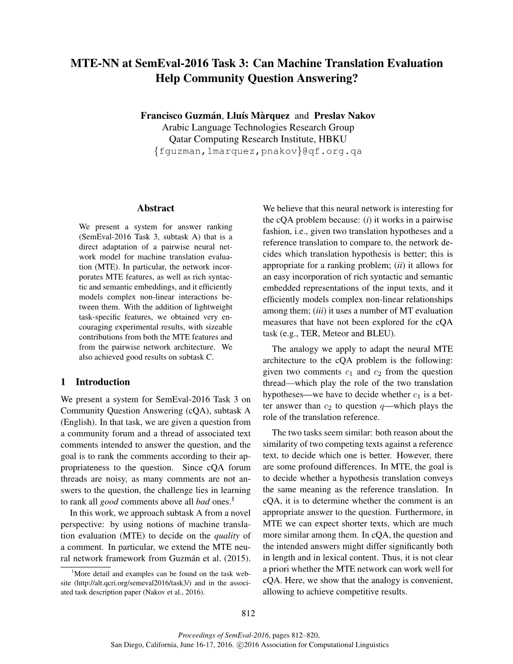 MTE-NN at Semeval-2016 Task 3: Can Machine Translation Evaluation Help Community Question Answering?