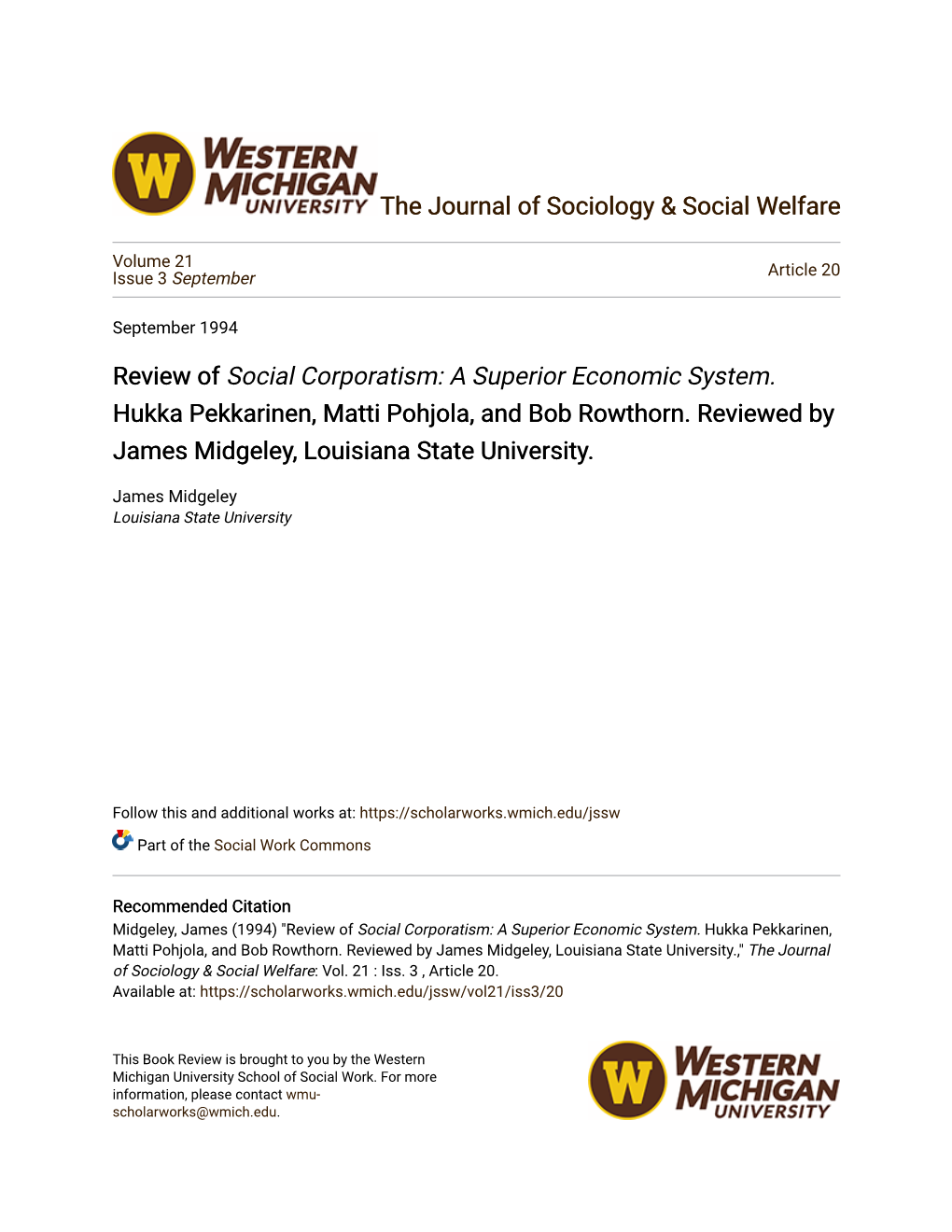 Review of Social Corporatism: a Superior Economic System