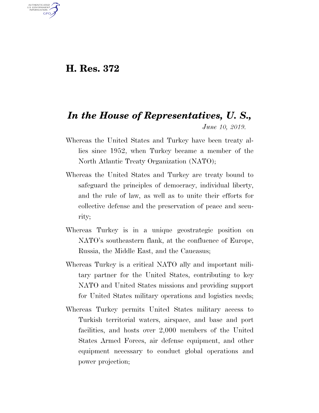 H. Res. 372 in the House of Representatives, U