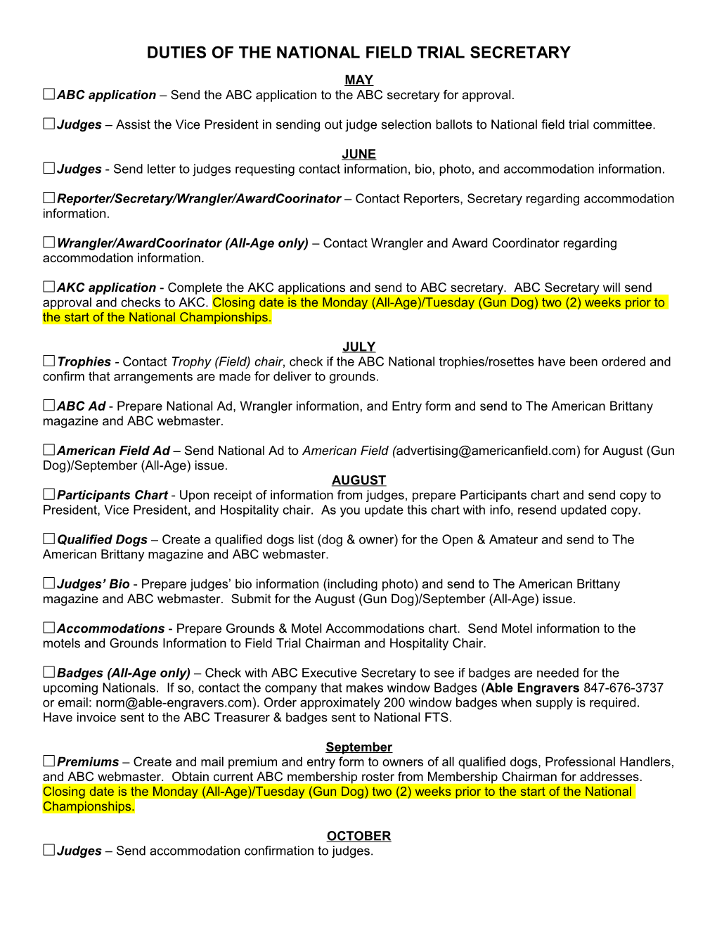 Duties of the National Field Trial Secretary