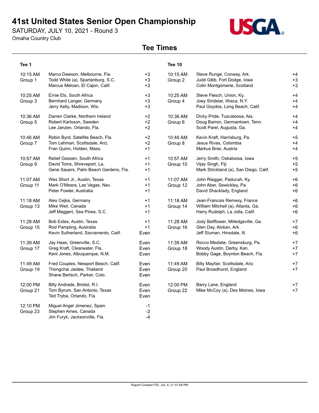 41St United States Senior Open Championship SATURDAY, JULY 10, 2021 - Round 3 Omaha Country Club Tee Times