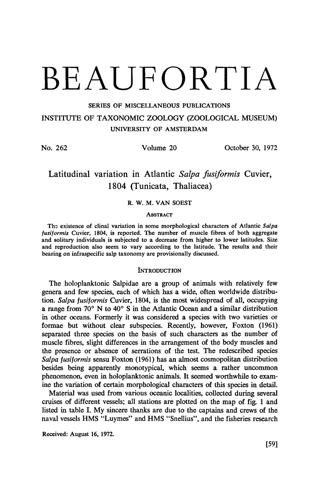 Latitudinal Variation in Atlantic Salpa Fusiformis Cuvier