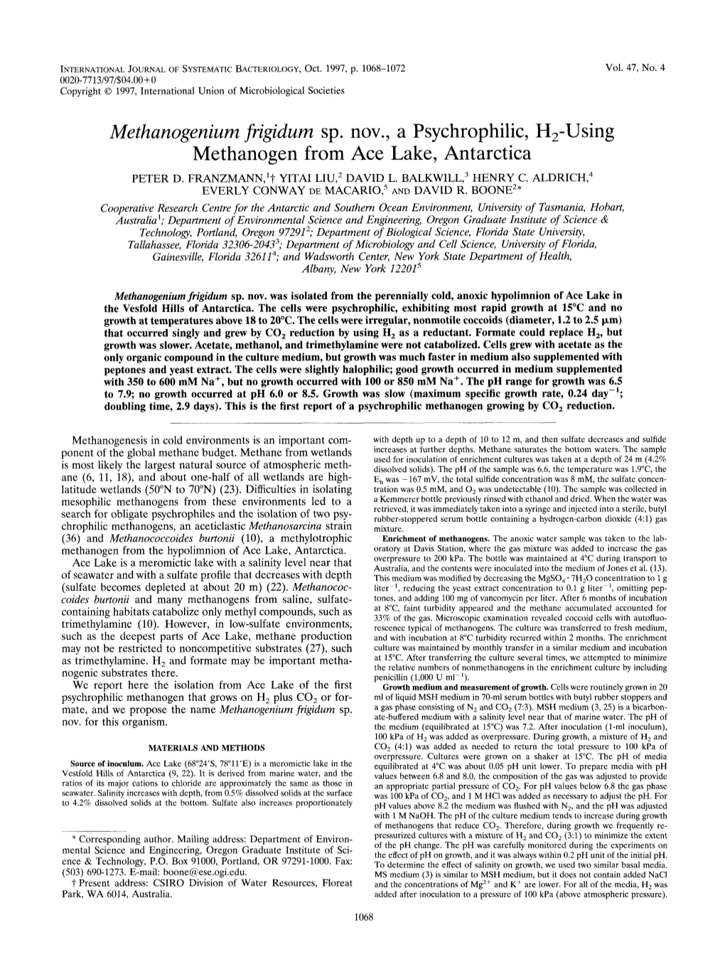 Methanogenium Fngidum Sp. Nov., a Psychrophilic, H,-Using Methanogen from Ace Lake, Antarctica PETER D