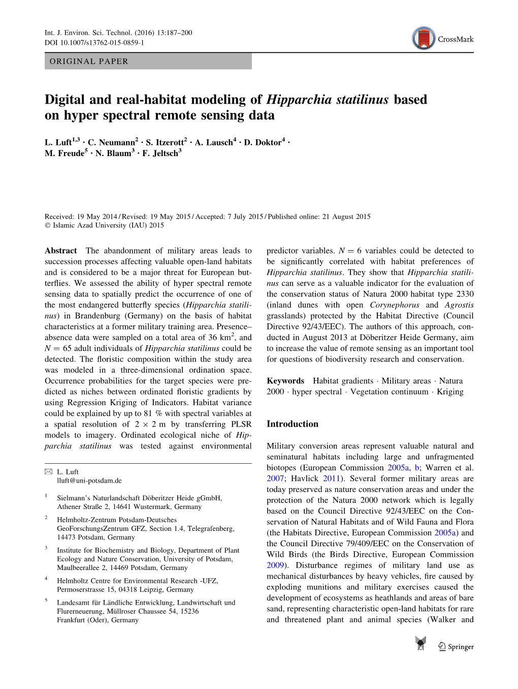 Digital and Real-Habitat Modeling of Hipparchia Statilinus Based on Hyper Spectral Remote Sensing Data
