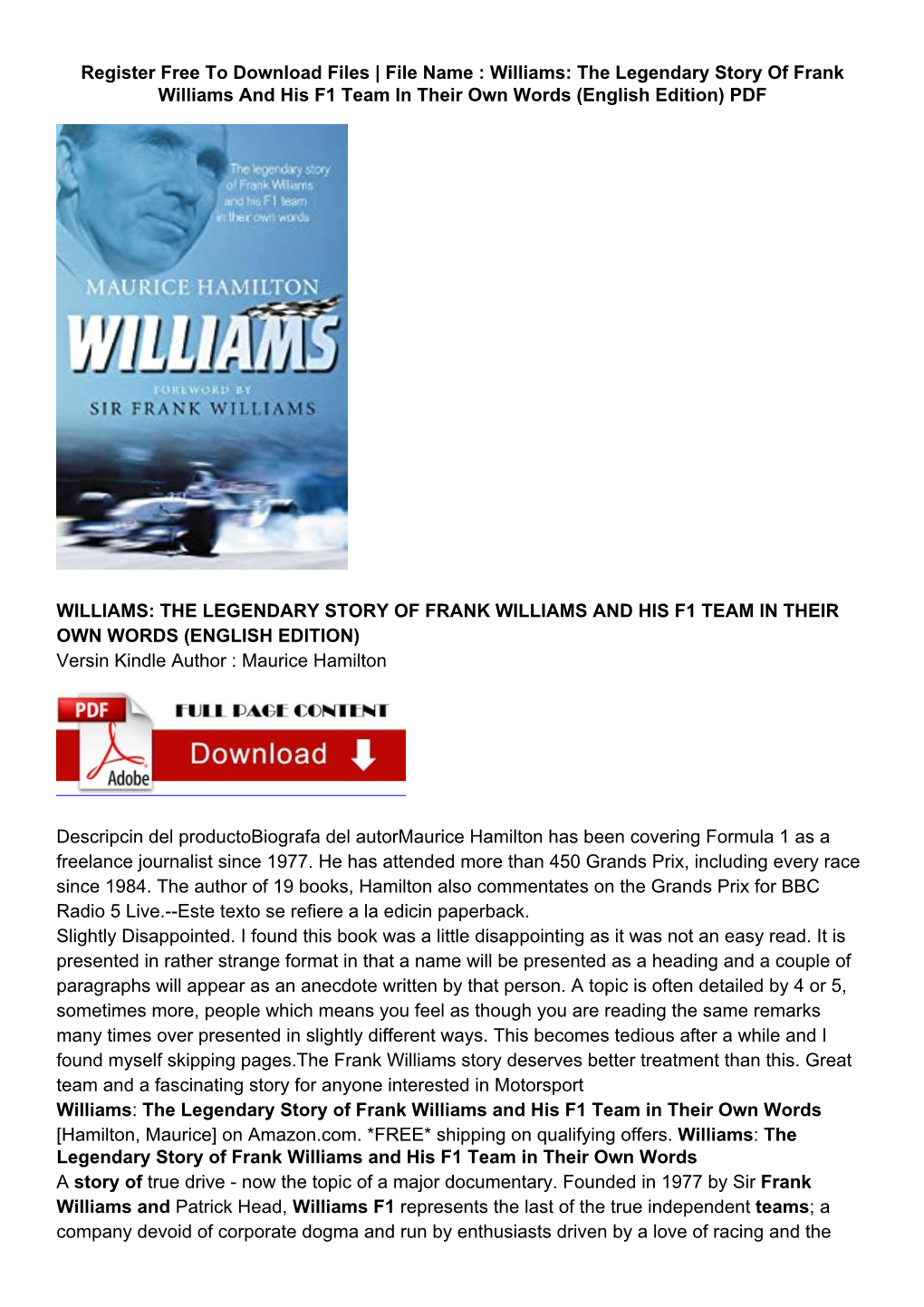 The Legendary Story of Frank Williams and His F1 Team in Their Own Words (English Edition) PDF