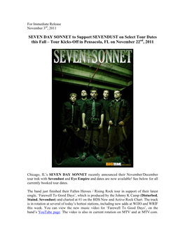 SEVEN DAY SONNET to Support SEVENDUST on Select Tour Dates This Fall – Tour Kicks-Off in Pensacola, FL on November 22Nd, 2011