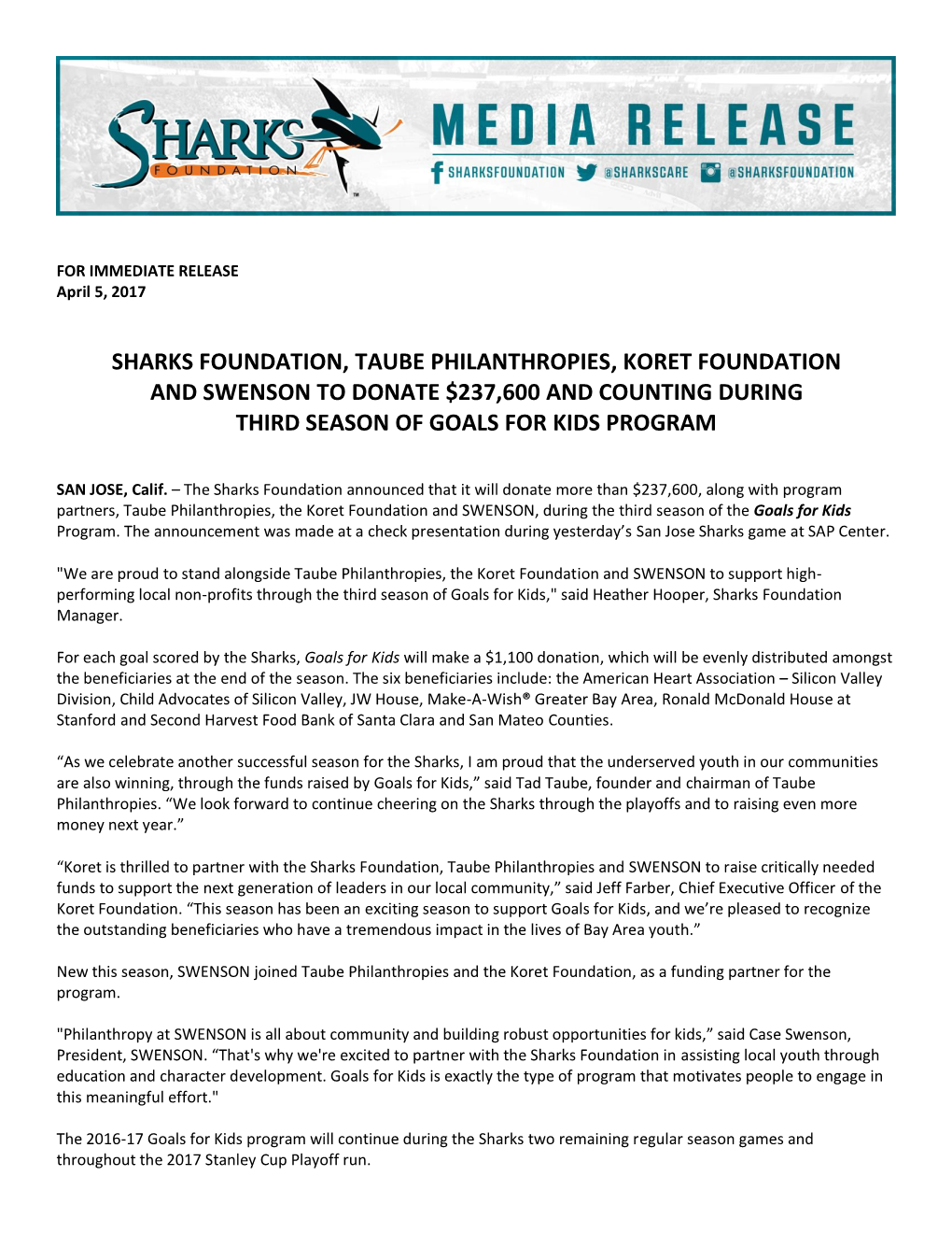 Sharks Foundation, Taube Philanthropies, Koret Foundation and Swenson to Donate $237,600 and Counting During Third Season of Goals for Kids Program