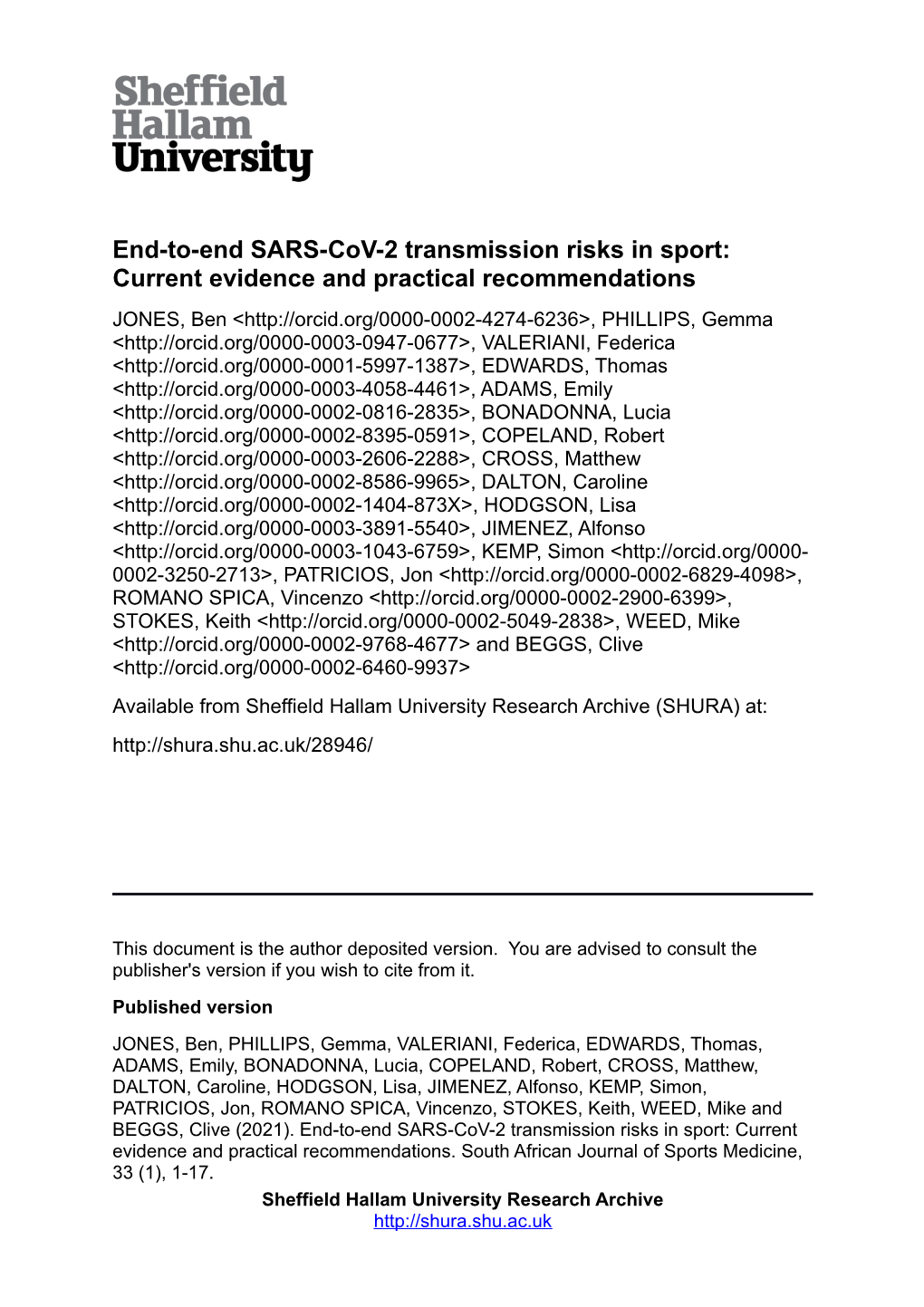 End-To-End SARS-Cov-2 Transmission Risks in Sport