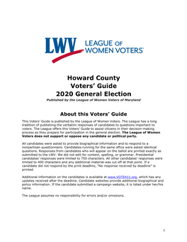 Howard County Voters’ Guide 2020 General Election Published by the League of Women Voters of Maryland