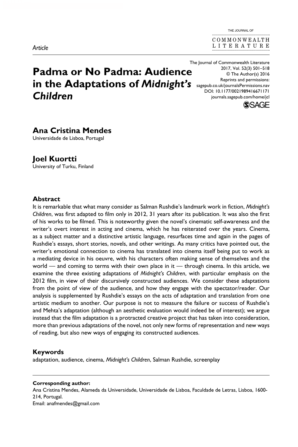 Padma Or No Padma: Audience in the Adaptations of Midnight's Children