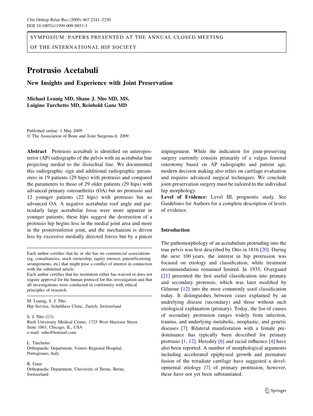 Protrusio Acetabuli New Insights and Experience with Joint Preservation