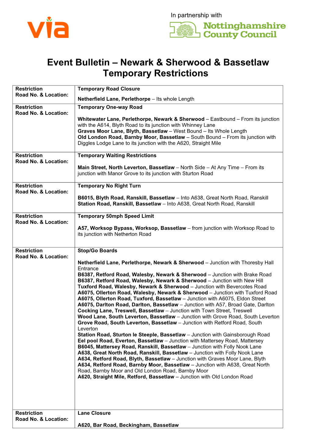 Event Bulletin – Newark & Sherwood & Bassetlaw Temporary Restrictions