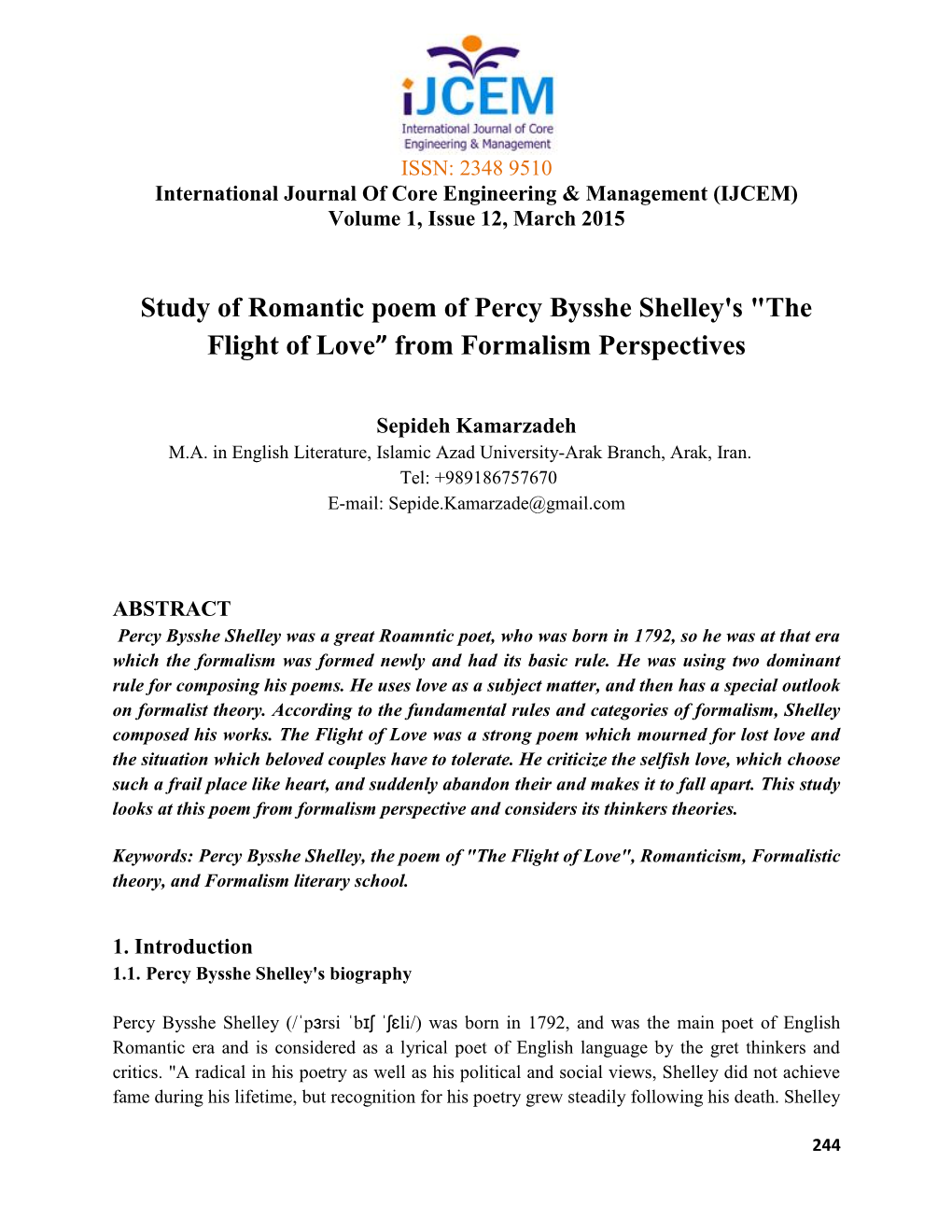 Study of Romantic Poem of Percy Bysshe Shelley's 