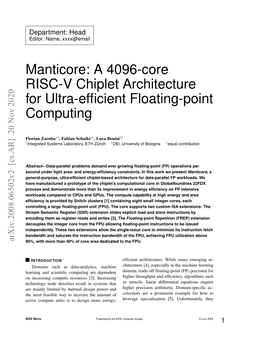 Manticore: a 4096-Core RISC-V Chiplet Architecture for Ultra-Efﬁcient Floating-Point Computing