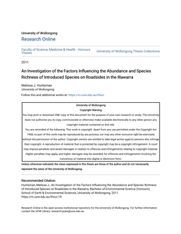 An Investigation of the Factors Influencing the Abundance and Species Richness of Introduced Species on Roadsides in the Illawarra