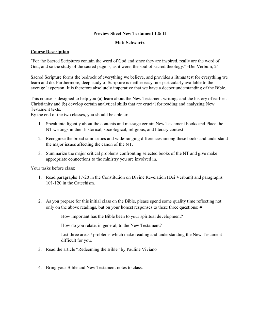 Preview Sheet New Testament I & II