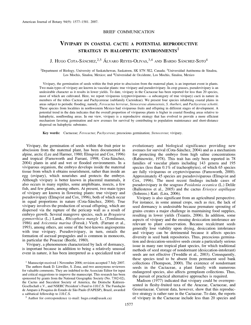 Brief Communication Vivipary in Coastal Cacti: a Potential