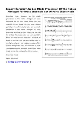 Rimsky Korsakov Arr Lee Mlada Procession of the Nobles Abridged for Brass Ensemble Set of Parts Sheet Music