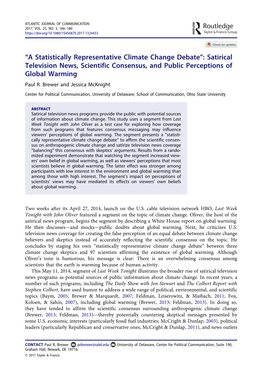 Satirical Television News, Scientific Consensus, and Public Perceptions of Global Warming Paul R