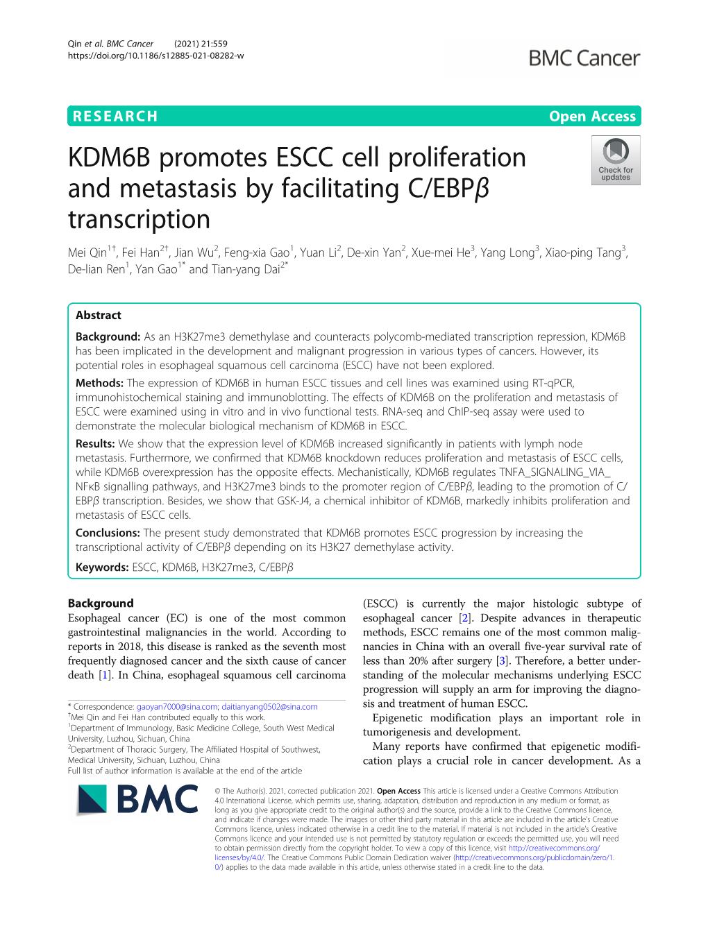 KDM6B Promotes ESCC Cell Proliferation and Metastasis By