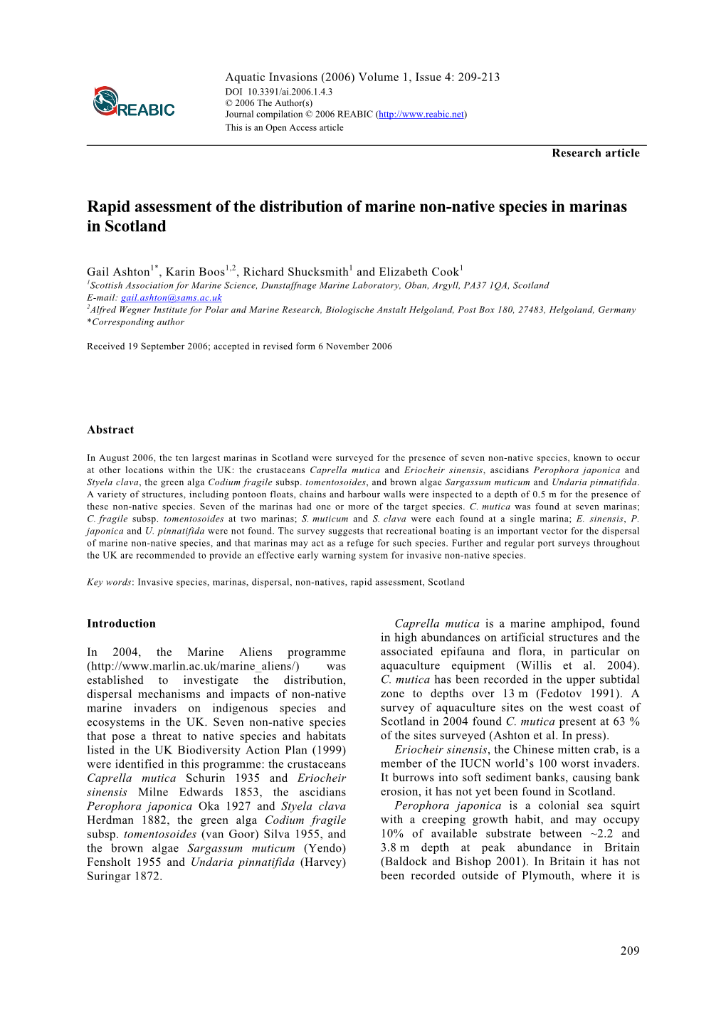 Rapid Assessment of the Distribution of Marine Non-Native Species in Marinas in Scotland