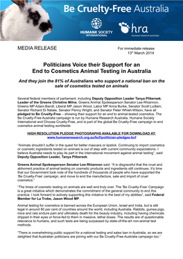 Politicians Voice Their Support for an End to Cosmetics Animal Testing in Australia