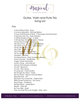 Flute, Violin and Guitar Song List