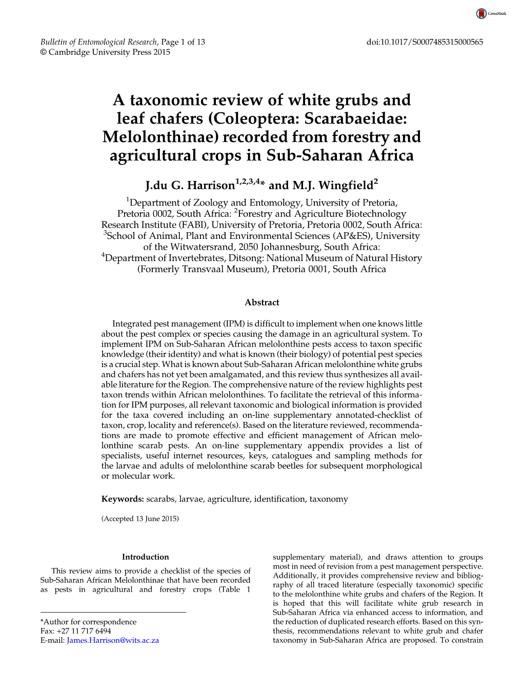 A Taxonomic Review of White Grubs and Leaf Chafers (Coleoptera: Scarabaeidae: Melolonthinae) Recorded from Forestry and Agricultural Crops in Sub-Saharan Africa