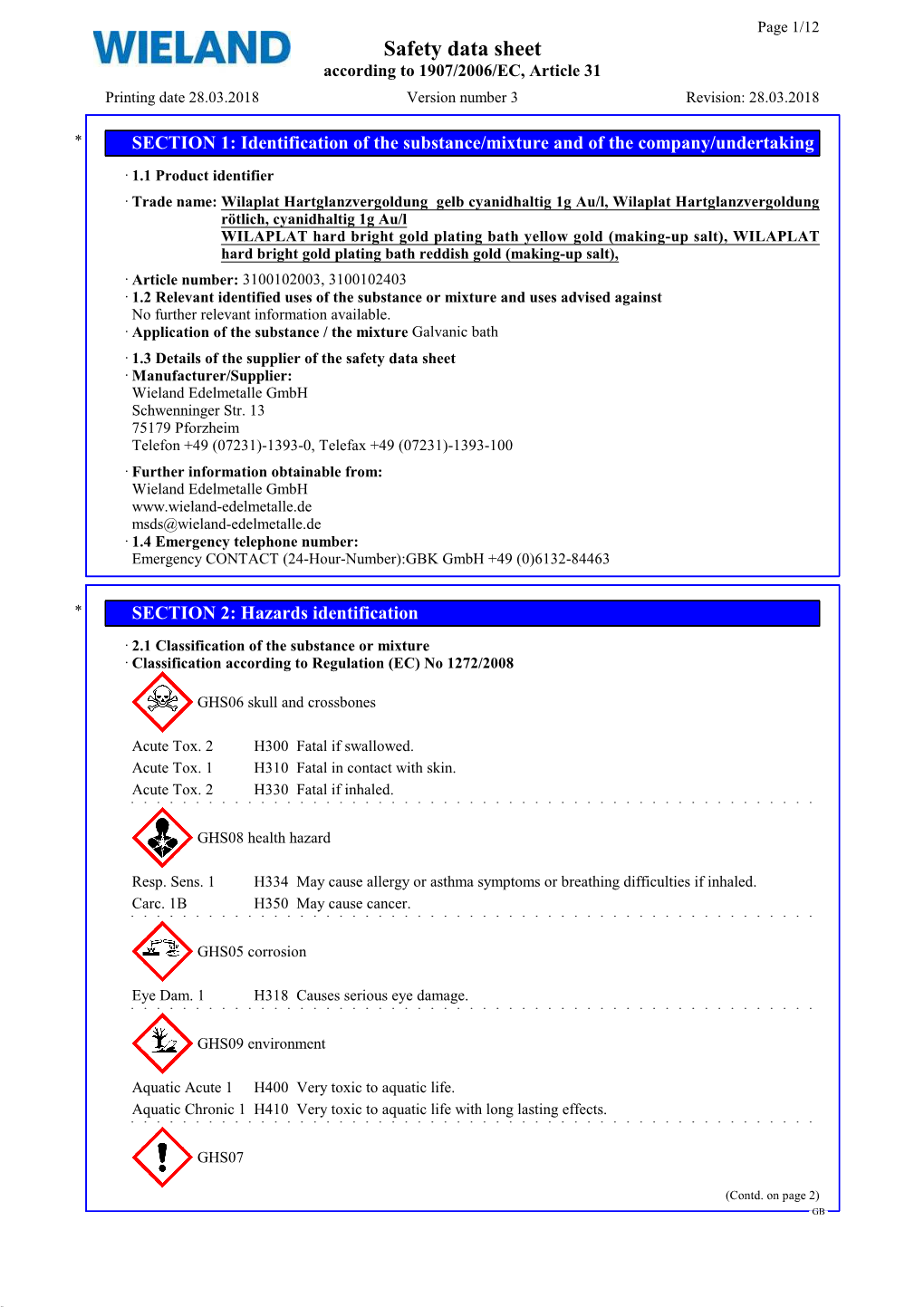 Safety Data Sheet According to 1907/2006/EC, Article 31 Printing Date 28.03.2018 Version Number 3 Revision: 28.03.2018