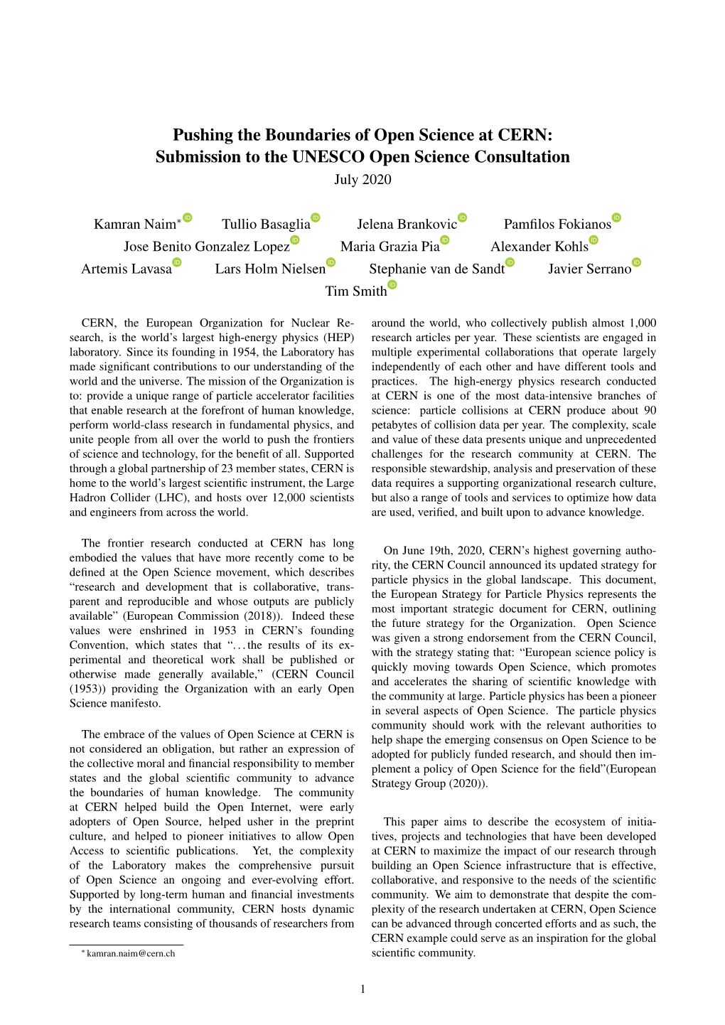 Pushing the Boundaries of Open Science at CERN: Submission to the UNESCO Open Science Consultation July 2020