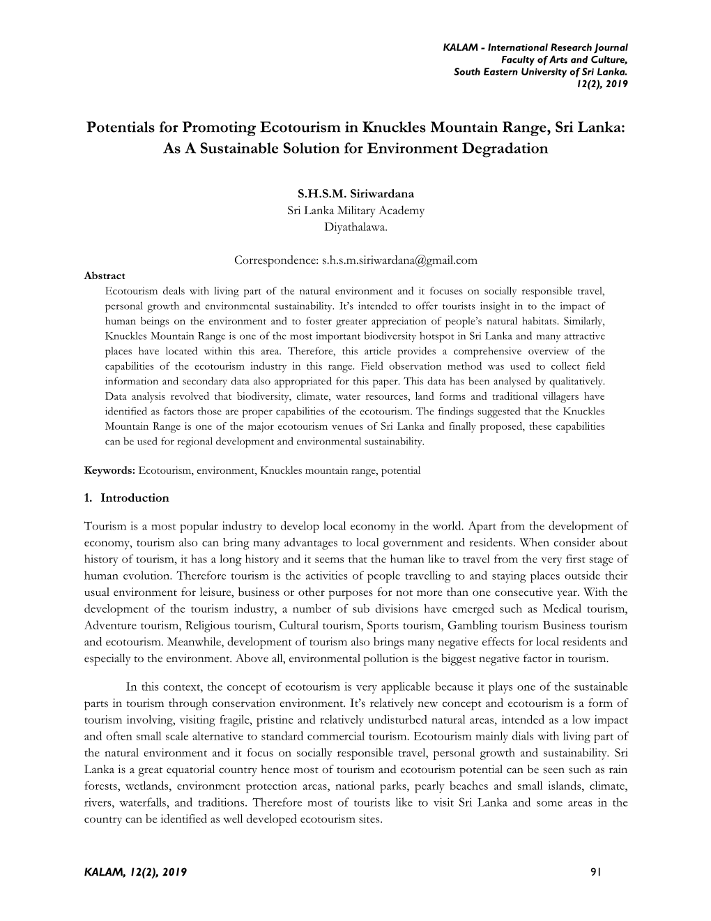 Potentials for Promoting Ecotourism in Knuckles Mountain Range, Sri Lanka: As a Sustainable Solution for Environment Degradation