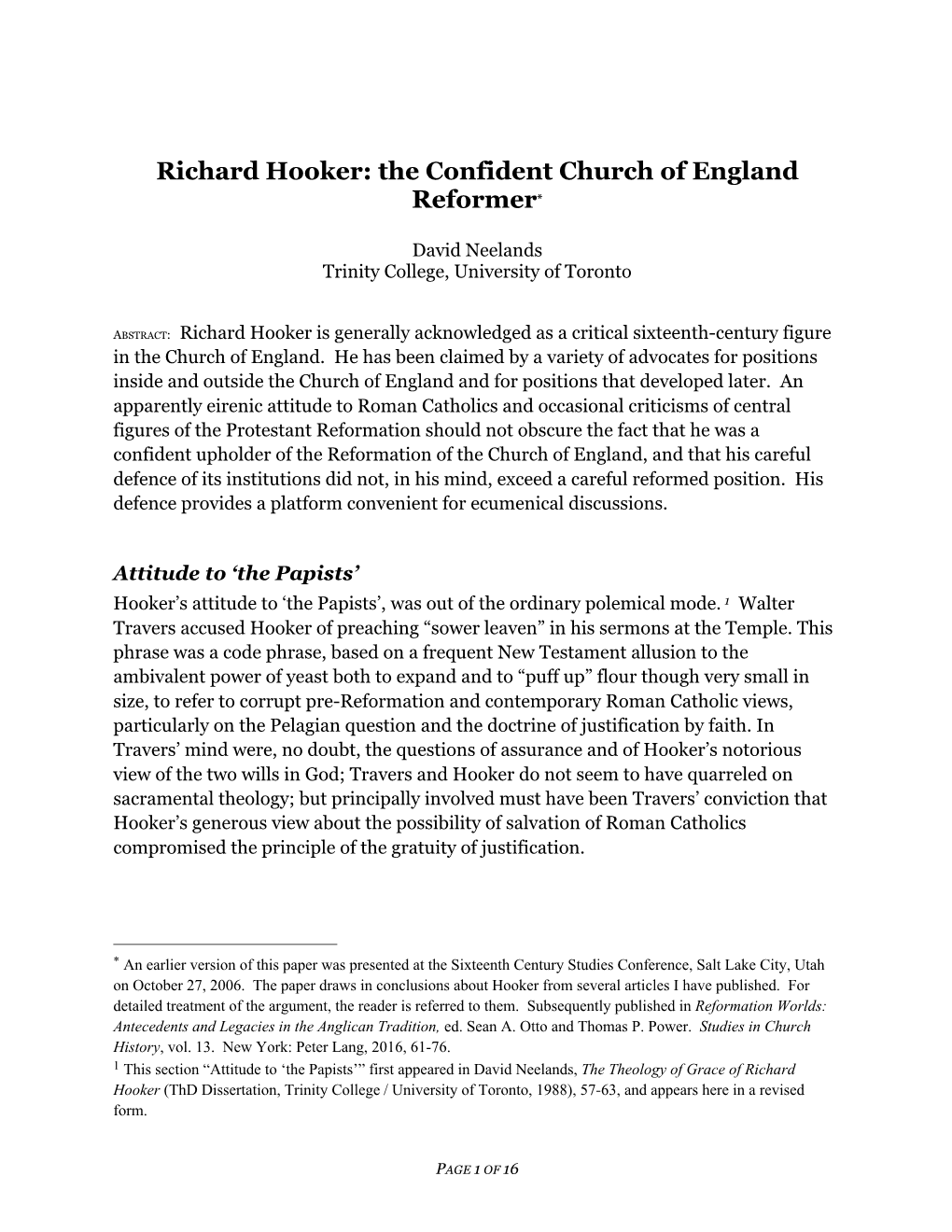 Richard Hooker: the Confident Church of England Reformer*