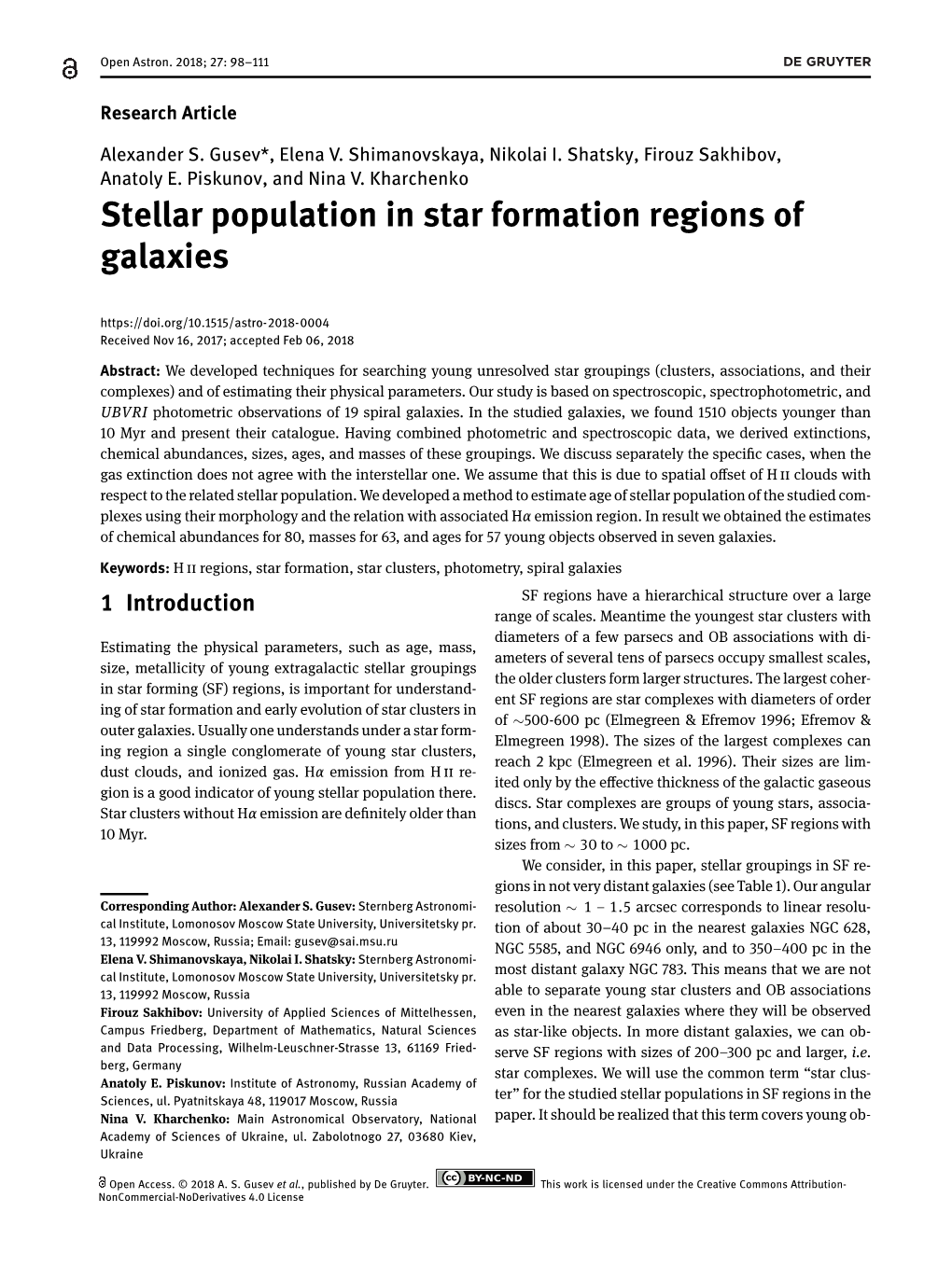 Stellar Population in Star Formation Regions of Galaxies