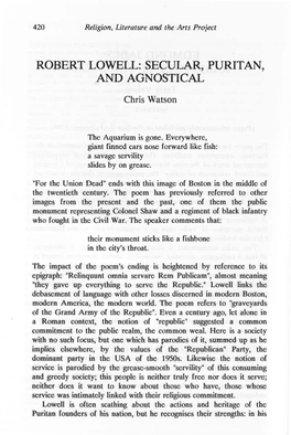 Robert Lowell: Secular, Puritan, and Agnostical