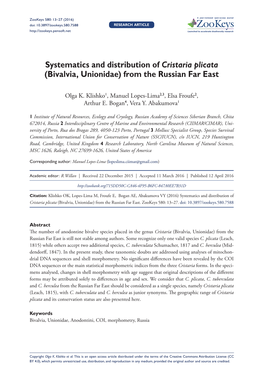 Systematics and Distribution of Cristaria Plicata (Bivalvia, Unionidae) from the Russian Far East