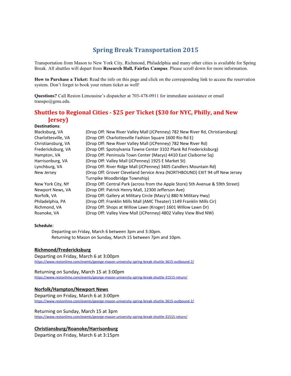 Spring Break Transportation 2015