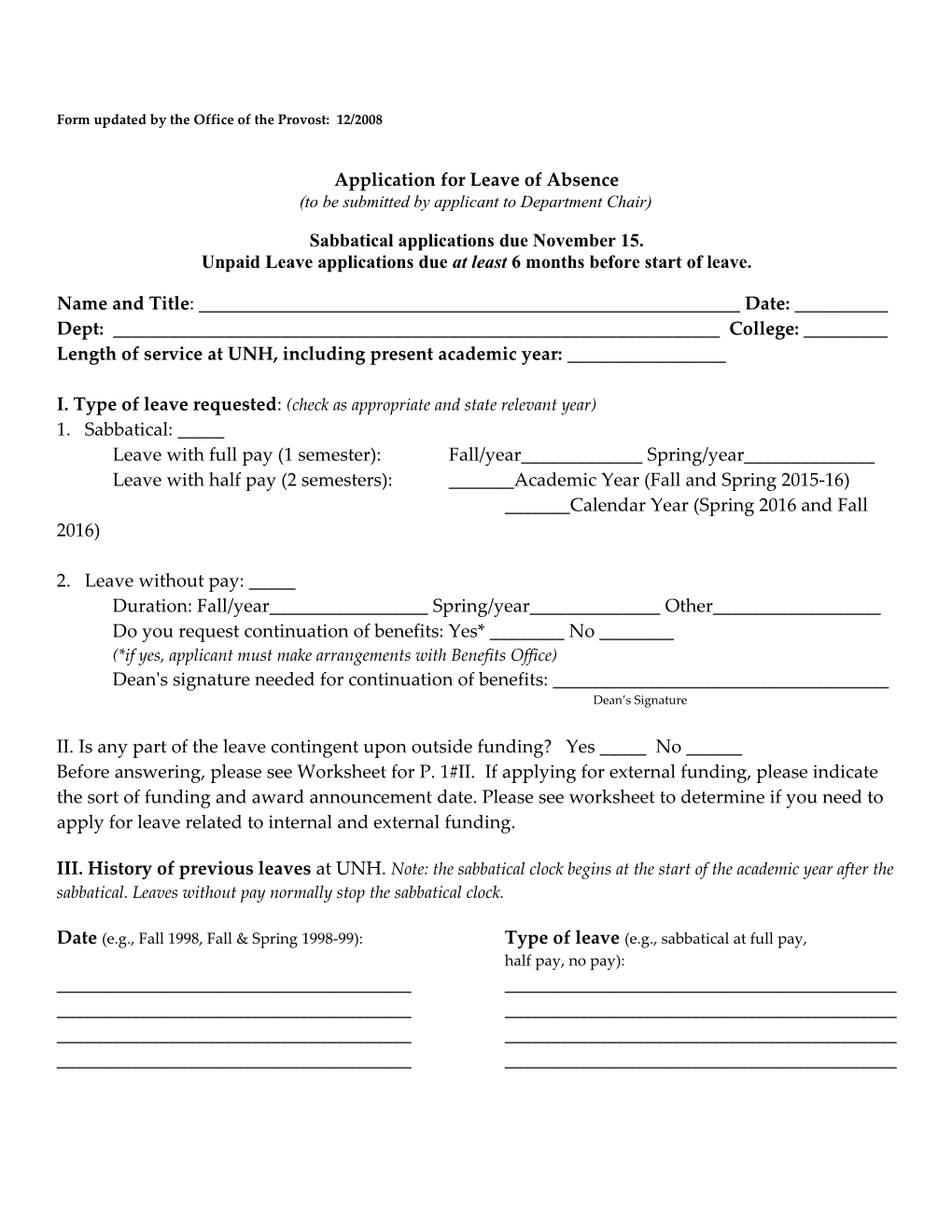 Application for Leave of Absence