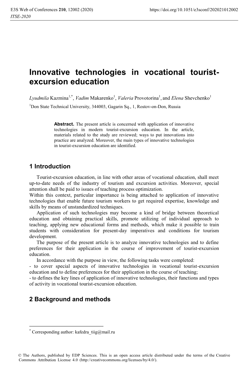 Innovative Technologies in Vocational Tourist-Excursion Education