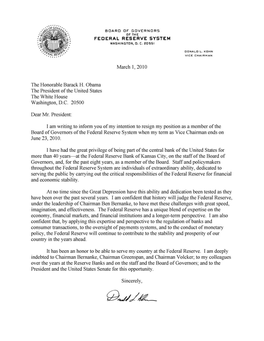 Vice Chairman Donald Kohn Resignation Letter