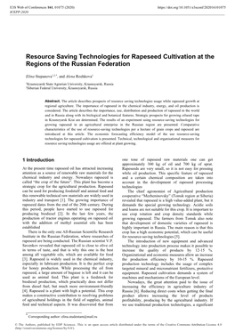 Resource Saving Technologies for Rapeseed Cultivation at the Regions of the Russian Federation