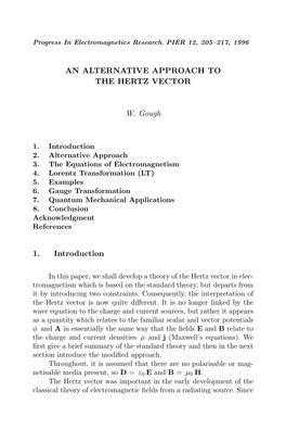 AN ALTERNATIVE APPROACH to the HERTZ VECTOR W. Gough 1. Introduction