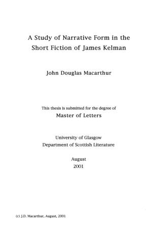 A Study of Narrative Form in the Short Fiction of James Kelman