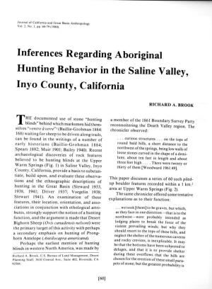 Inferences Regarding Aboriginal Hunting Behavior in the Saline Valley, Inyo County, California