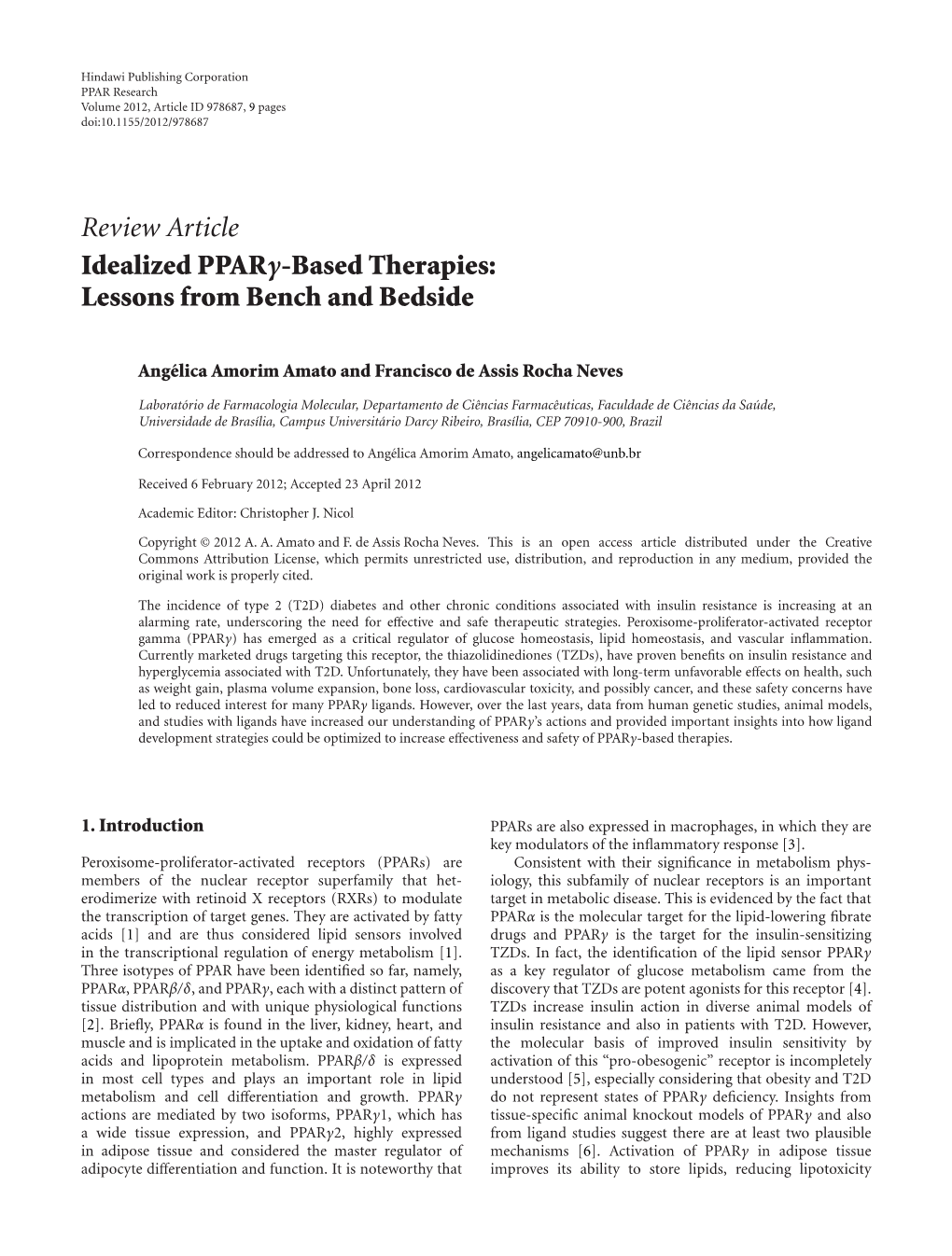 Review Article Idealized Pparγ-Based Therapies: Lessons from Bench and Bedside