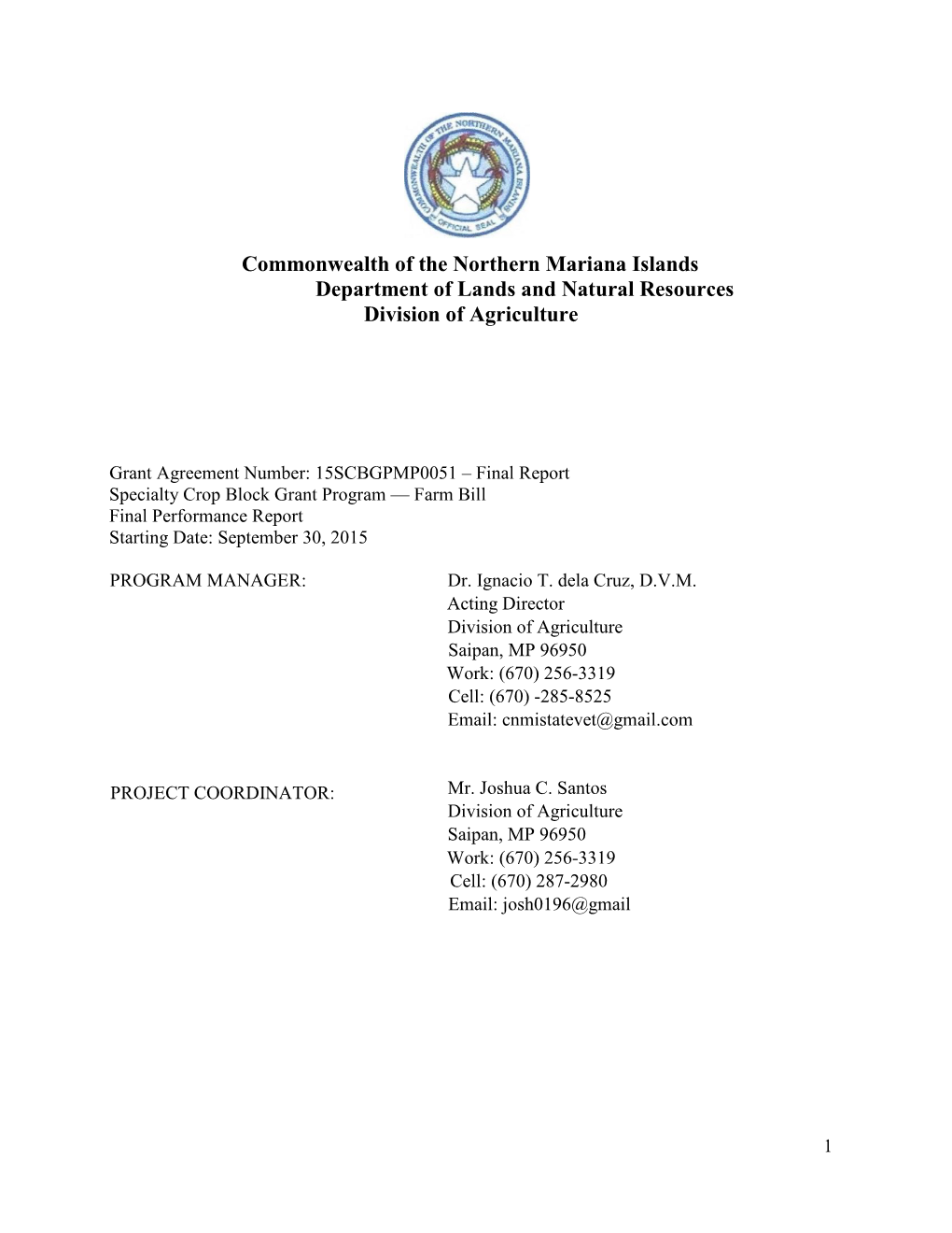 Commonwealth of the Northern Mariana Islands Department of Lands and Natural Resources Division of Agriculture