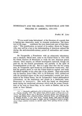 TOCQUEVILLE and the THEATRE in AMERICA, 1831-1832 Fredric M