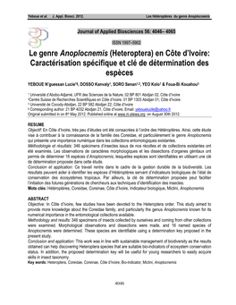 Le Genre Anoplocnemis (Heteroptera) En Côte D’Ivoire: Caractérisation Spécifique Et Clé De Détermination Des Espèces