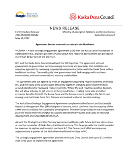 NEWS RELEASE for Immediate Release Ministry of Aboriginal Relations and Reconciliation 2012ARR0009-000682 Kaska Dena Council May 17, 2012